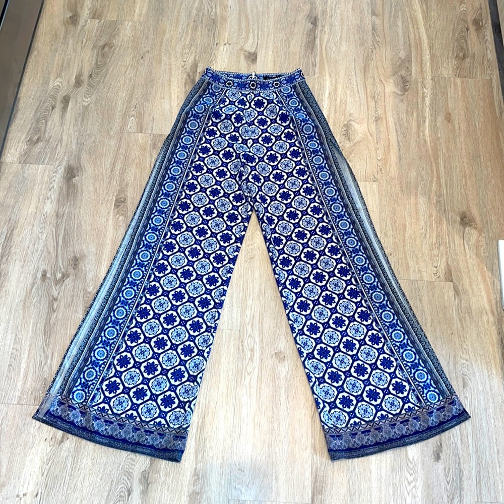 White Fox Boutique High Slit & Wide Leg Pants in Blue